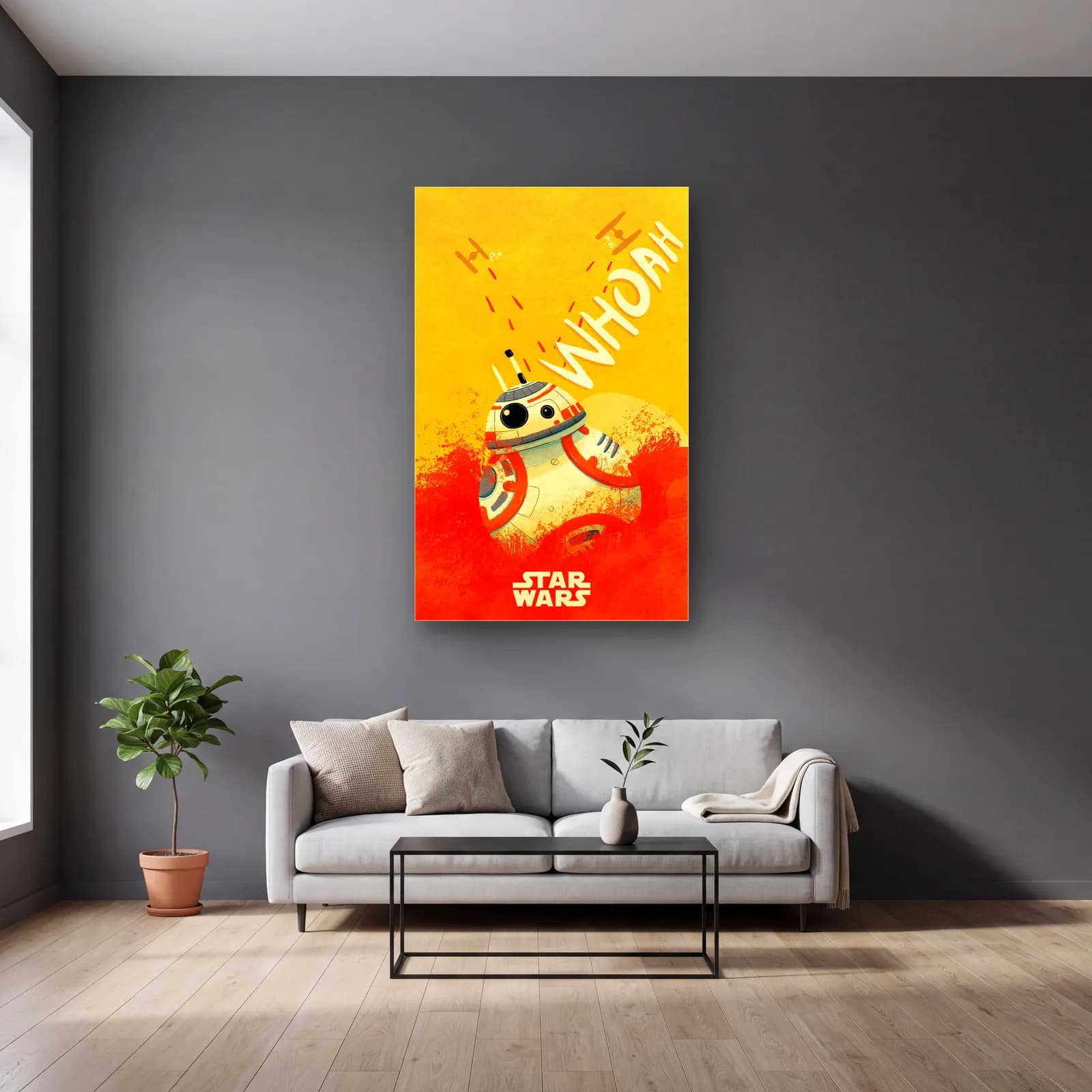 BB-8 Whoah Poster cam tablo — gri duvarlı salonda