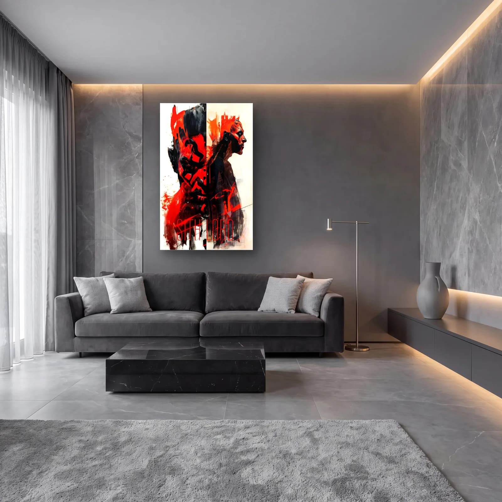 Darth Maul Suluboya Portre cam tablo — lüks salon duvarında