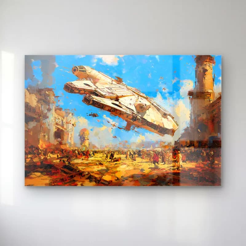 Millennium Falcon Yağlı Boya cam tablo — Çöl şehri üzerinde uçan Millennium Falcon, yağlı boya stili