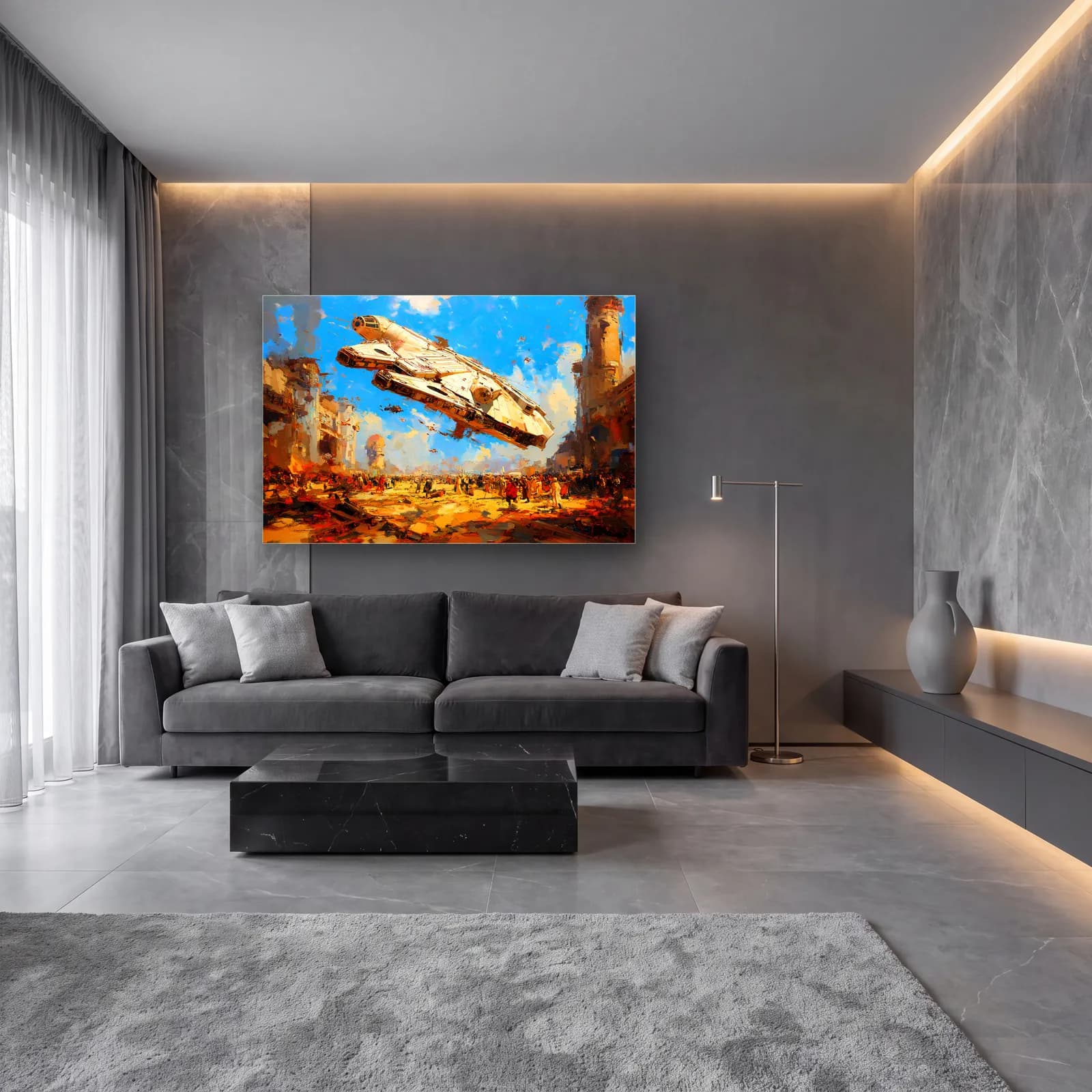 Millennium Falcon Yağlı Boya cam tablo — lüks salon duvarında