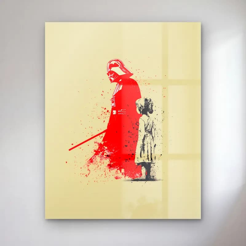 Darth Vader ve Küçük Kız cam tablo — Krem zeminde kırmızı Darth Vader ve yanında duran küçük kız