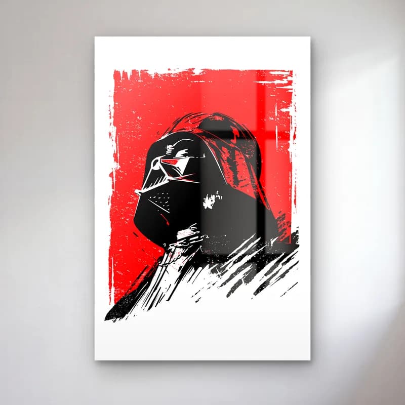Darth Vader Kask Mürekkep cam tablo — Kırmızı fırça zemin önünde siyah Darth Vader kaskı