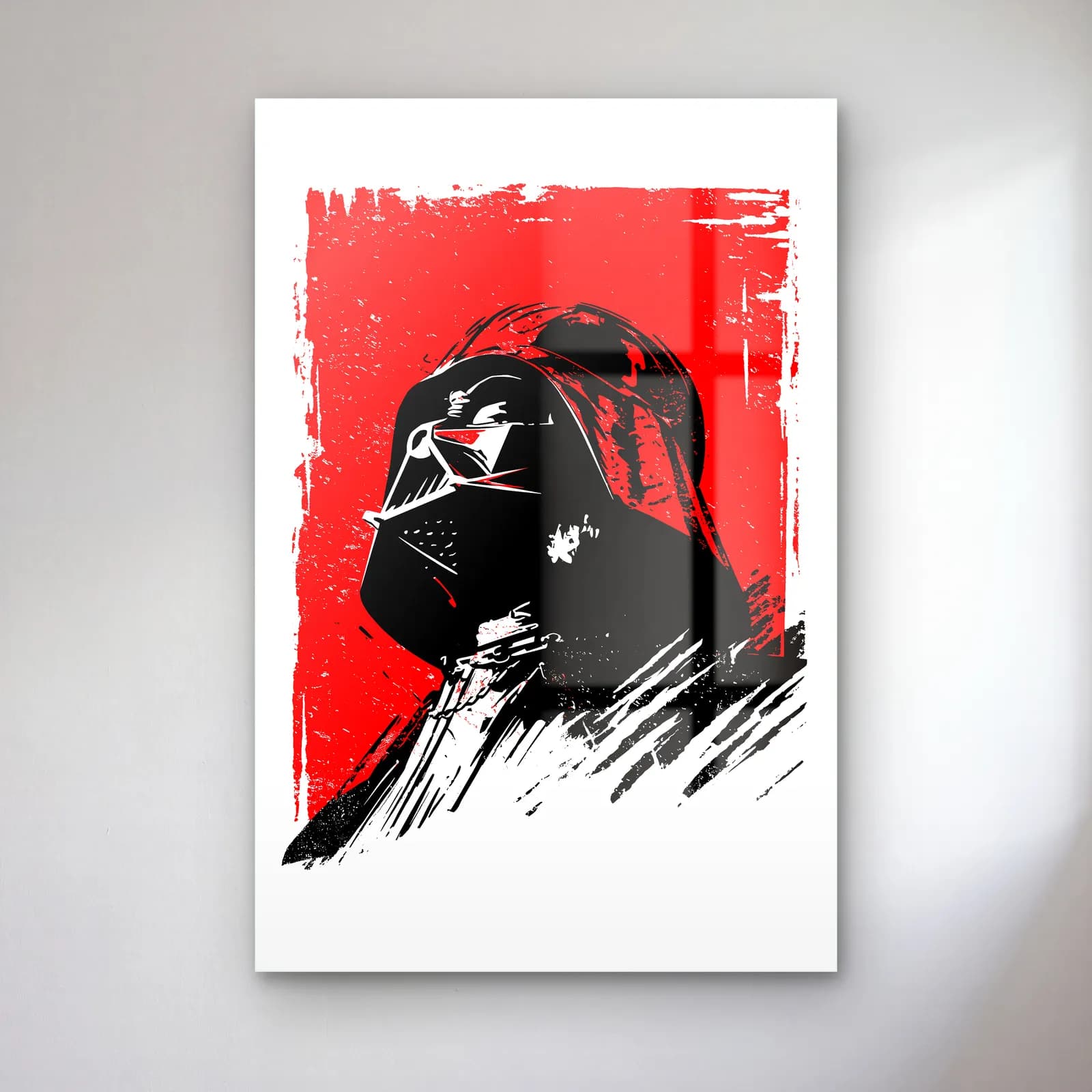 Darth Vader Kask Mürekkep cam tablo — Kırmızı fırça zemin önünde siyah Darth Vader kaskı