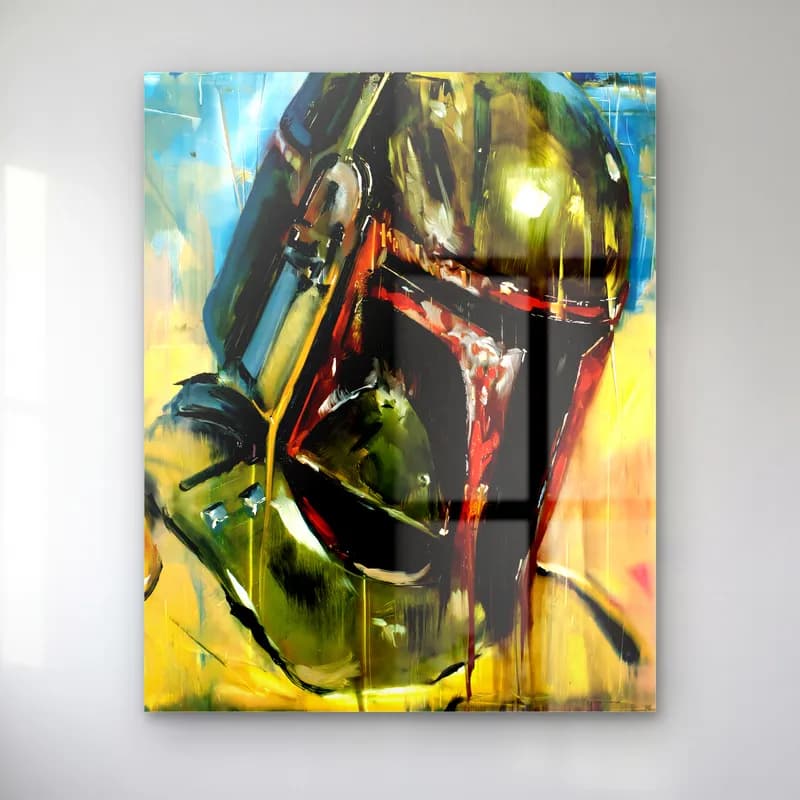 Boba Fett Kask Ekspresyonist cam tablo — Sarı yeşil fırça darbeleriyle boyanmış Boba Fett kaskı