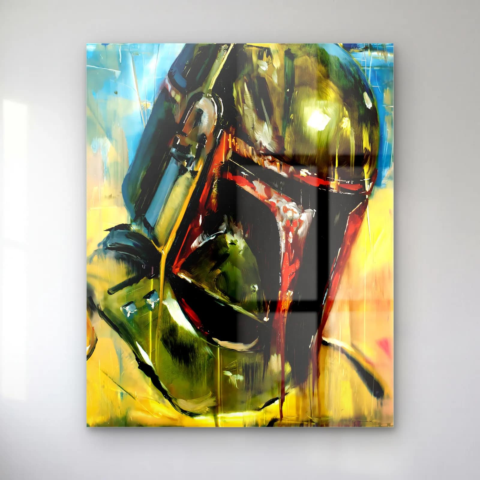 Boba Fett Kask Ekspresyonist cam tablo — Sarı yeşil fırça darbeleriyle boyanmış Boba Fett kaskı