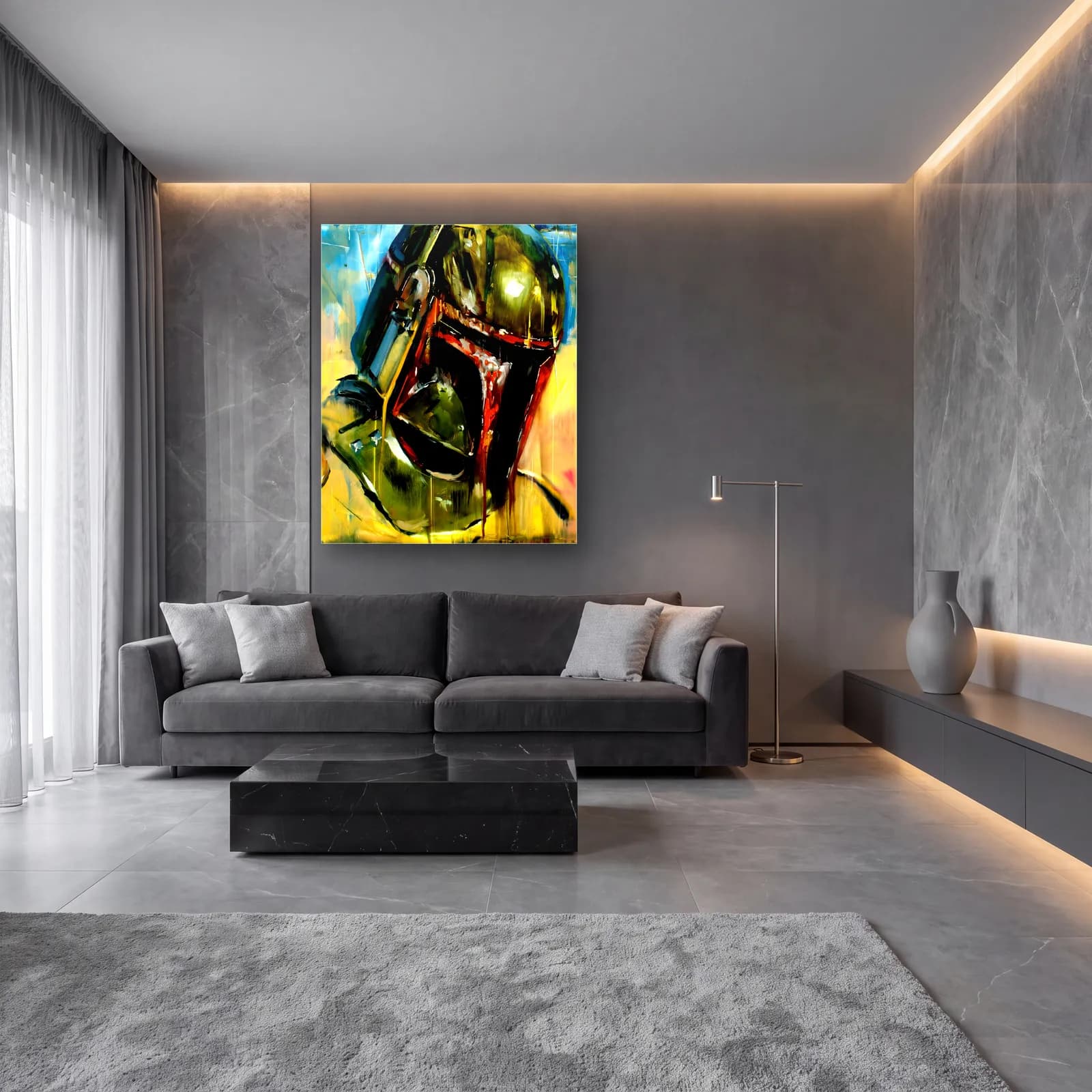 Boba Fett Kask Ekspresyonist cam tablo — lüks salon duvarında