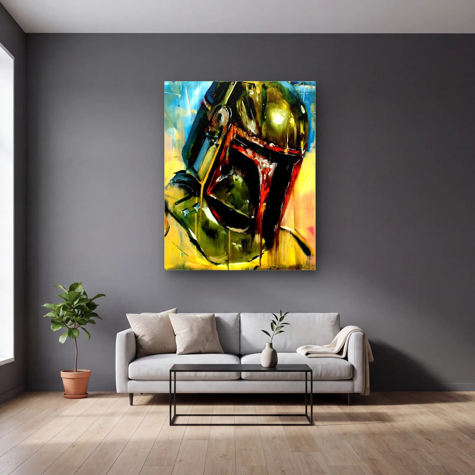 Boba Fett Kask Ekspresyonist cam tablo — gri duvarlı salonda