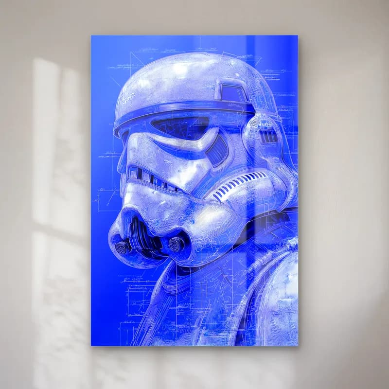 Stormtrooper Kask Mavi Blueprint cam tablo — Mavi blueprint zemin üzerinde stormtrooper kaskı çizimi