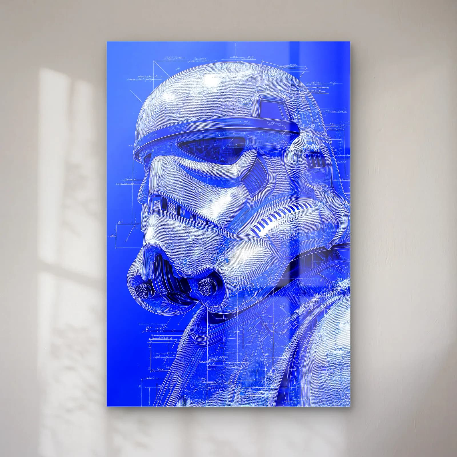 Stormtrooper Kask Mavi Blueprint cam tablo — Mavi blueprint zemin üzerinde stormtrooper kaskı çizimi
