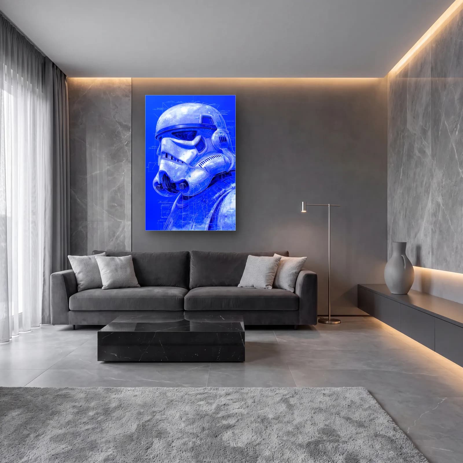 Stormtrooper Kask Mavi Blueprint cam tablo — lüks salon duvarında