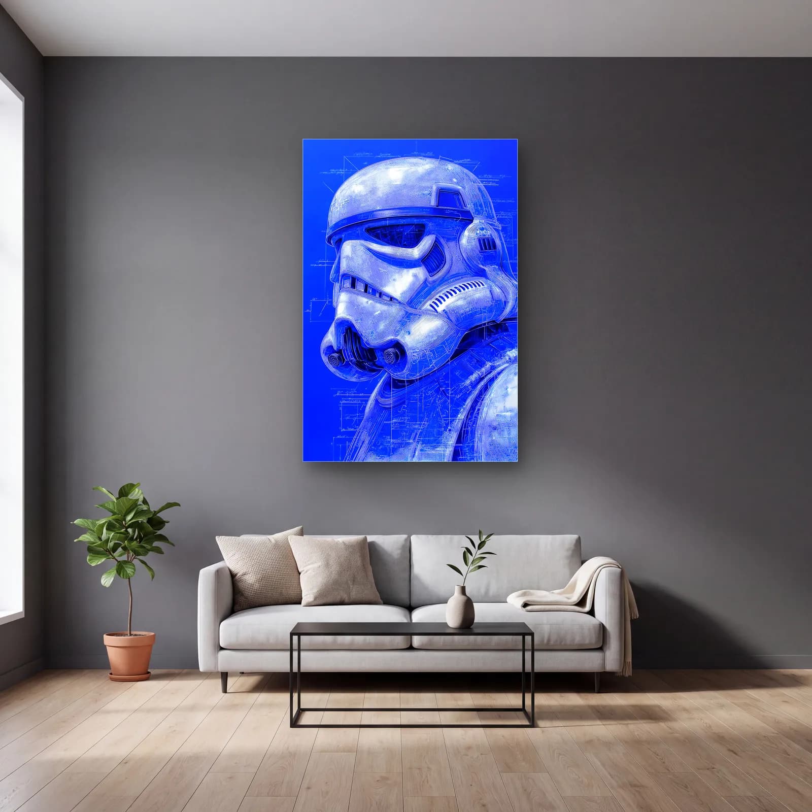 Stormtrooper Kask Mavi Blueprint cam tablo — gri duvarlı salonda