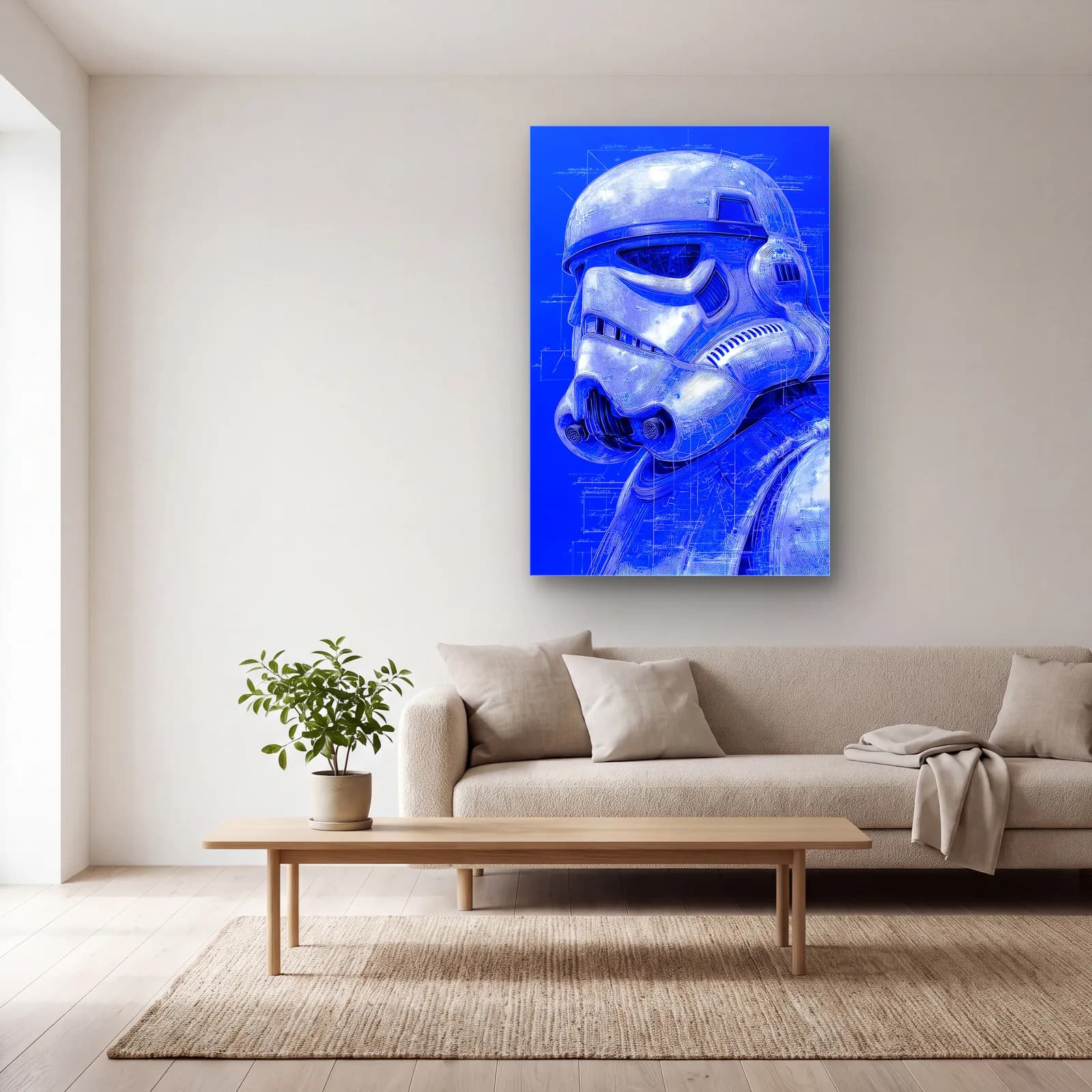 Stormtrooper Kask Mavi Blueprint cam tablo — açık renk salonda