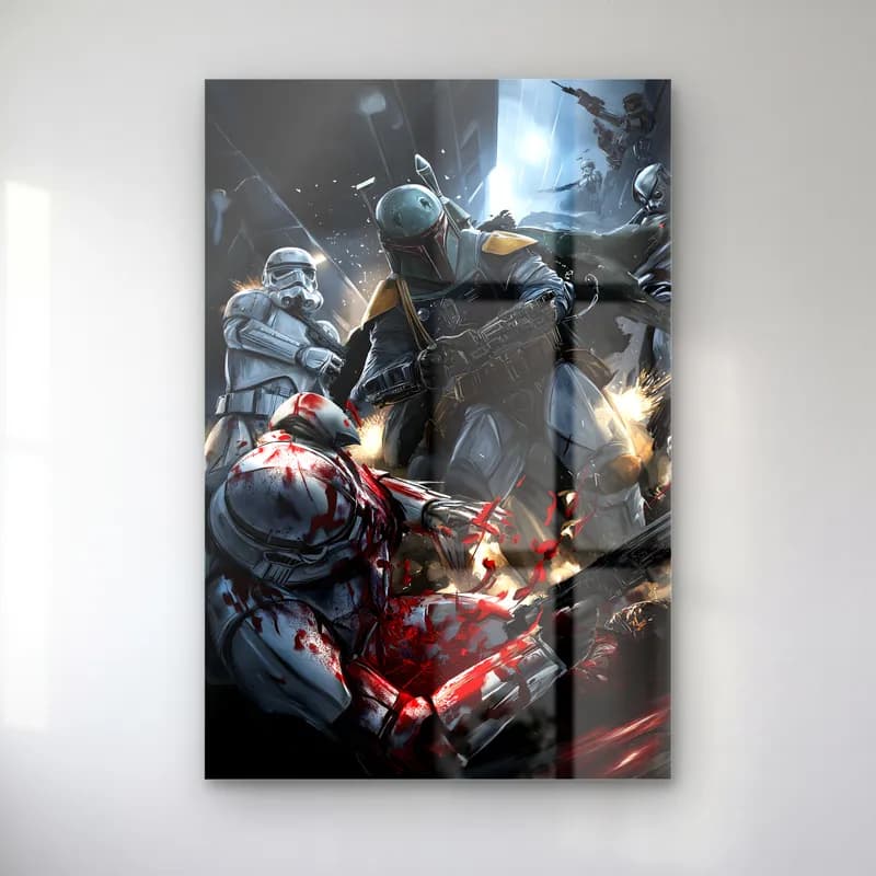 Stormtrooper ve Boba Fett Savaşı cam tablo — Karanlık savaş sahnesinde stormtrooperlar ve Boba Fett