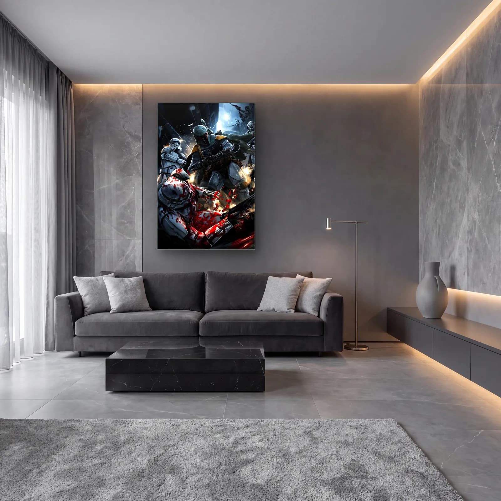Stormtrooper ve Boba Fett Savaşı cam tablo — lüks salon duvarında