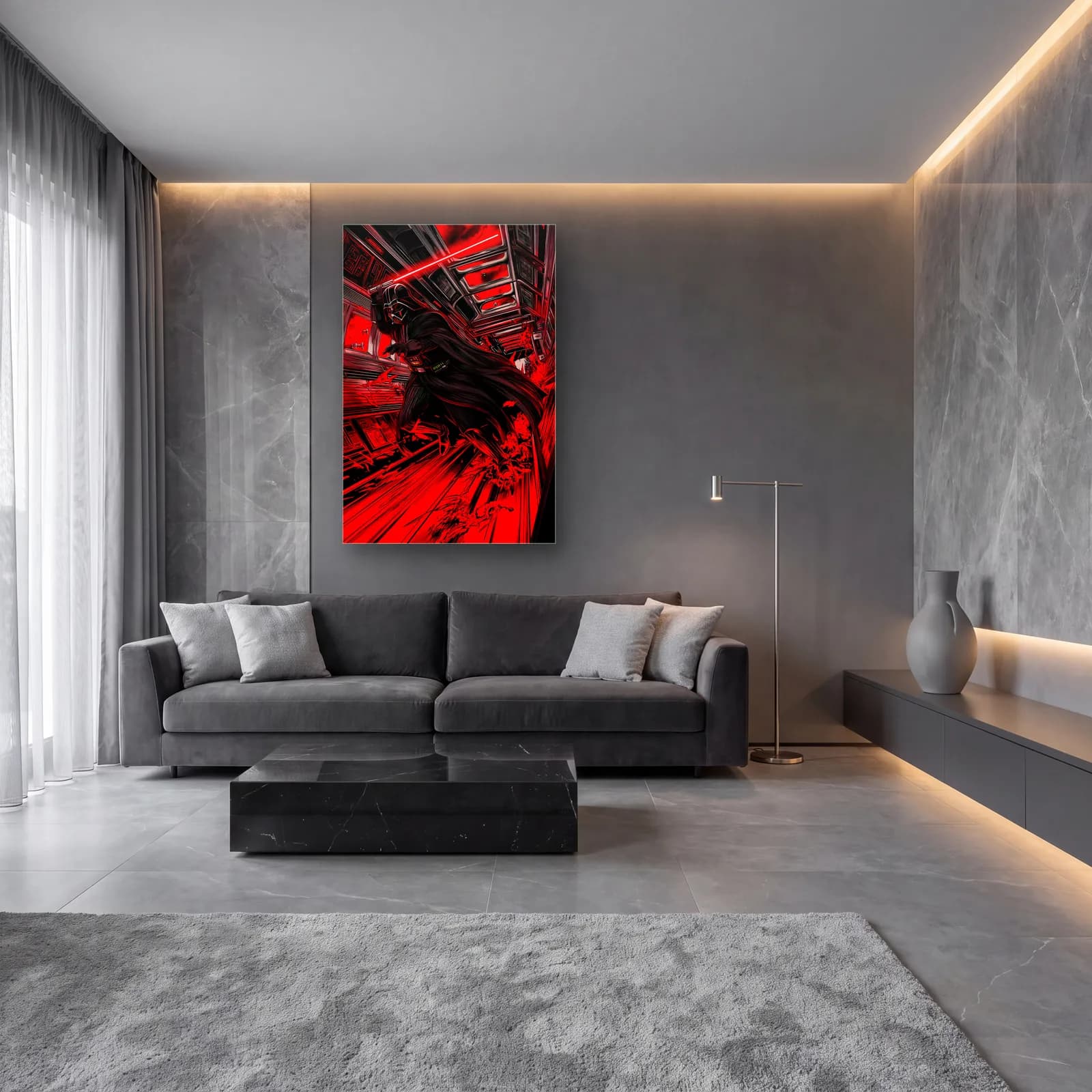 Darth Vader Kırmızı Hız Çizgileri cam tablo — lüks salon duvarında