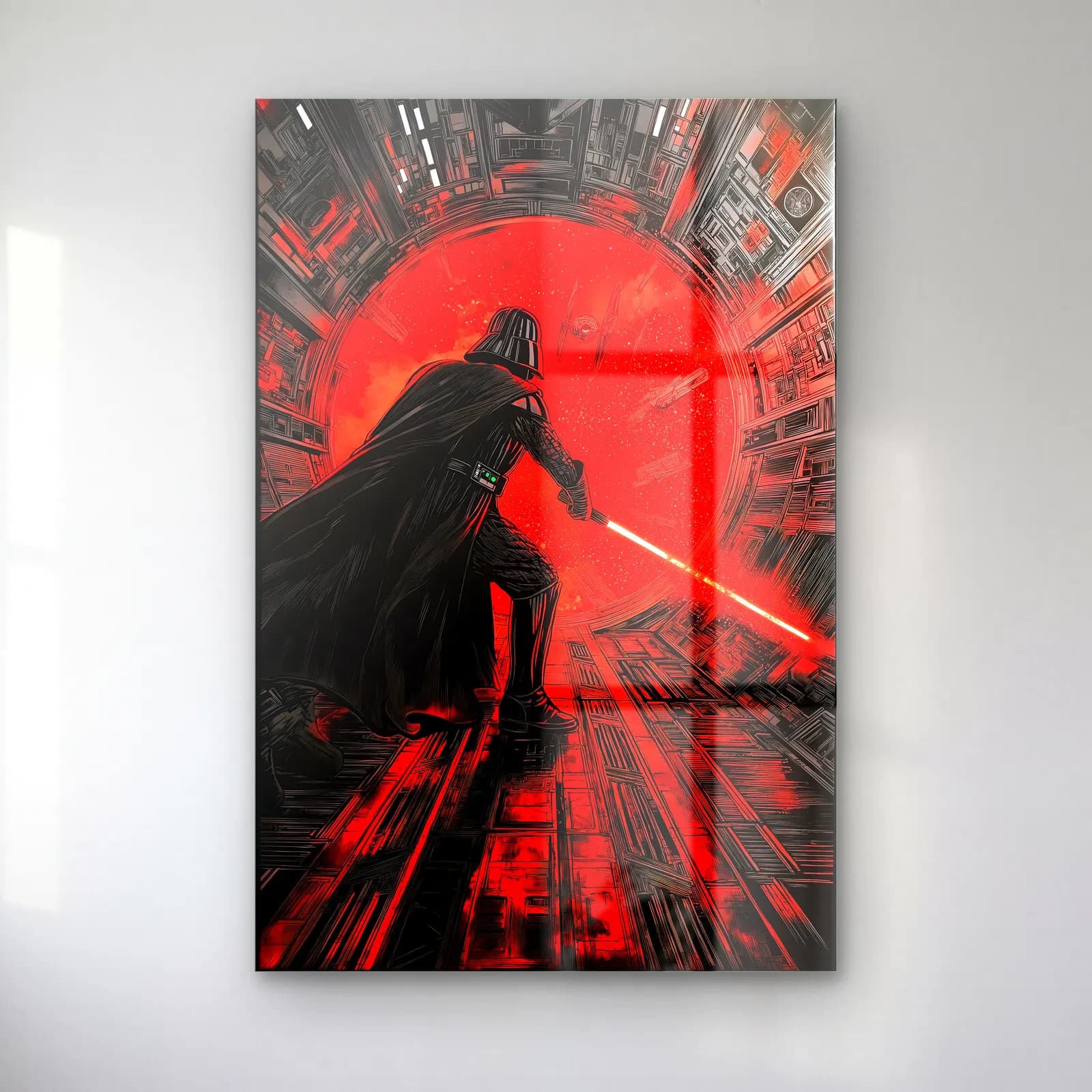 Darth Vader Kırmızı Koridor cam tablo — Kırmızı dairesel ışık önünde ışın kılıcıyla Darth Vader