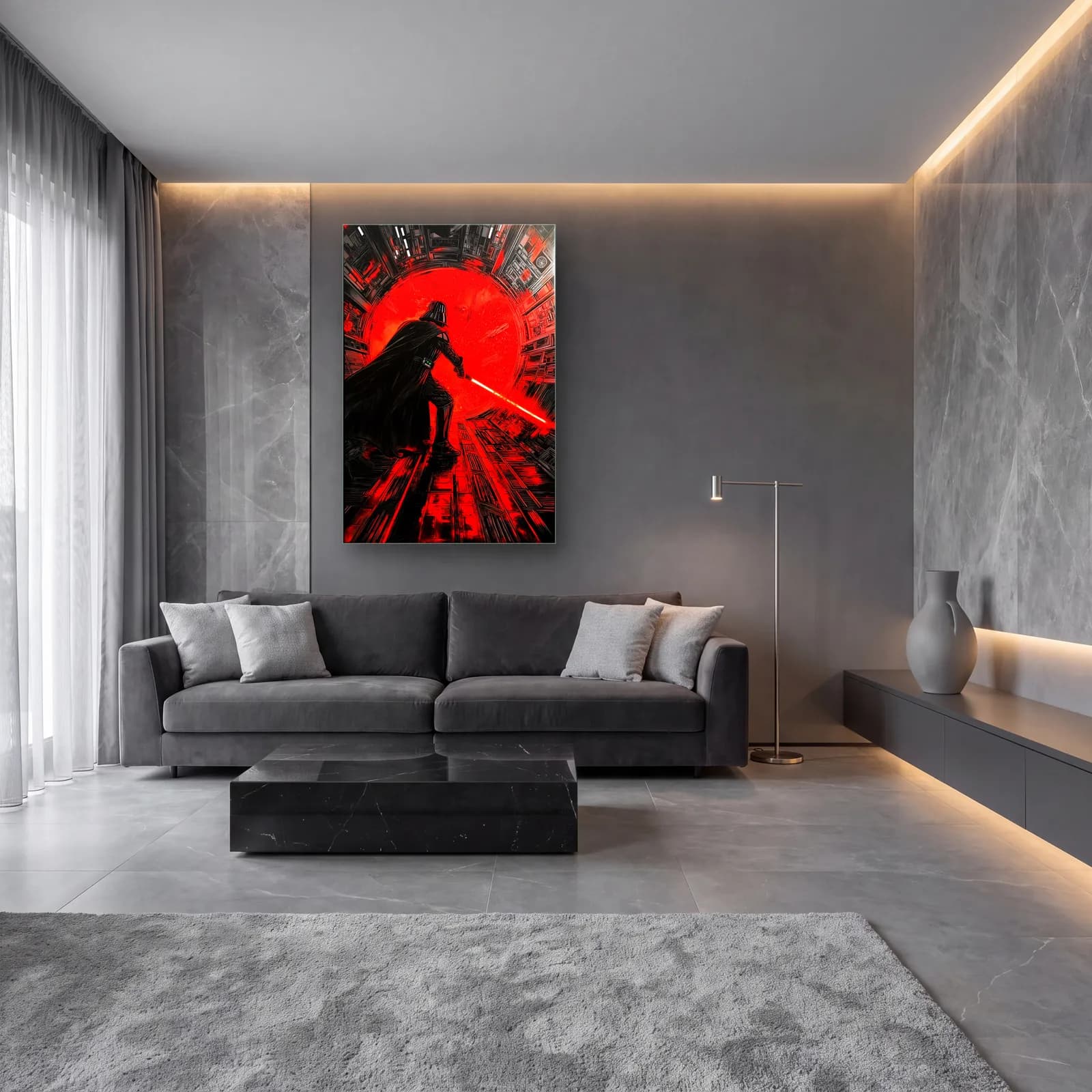 Darth Vader Kırmızı Koridor cam tablo — lüks salon duvarında