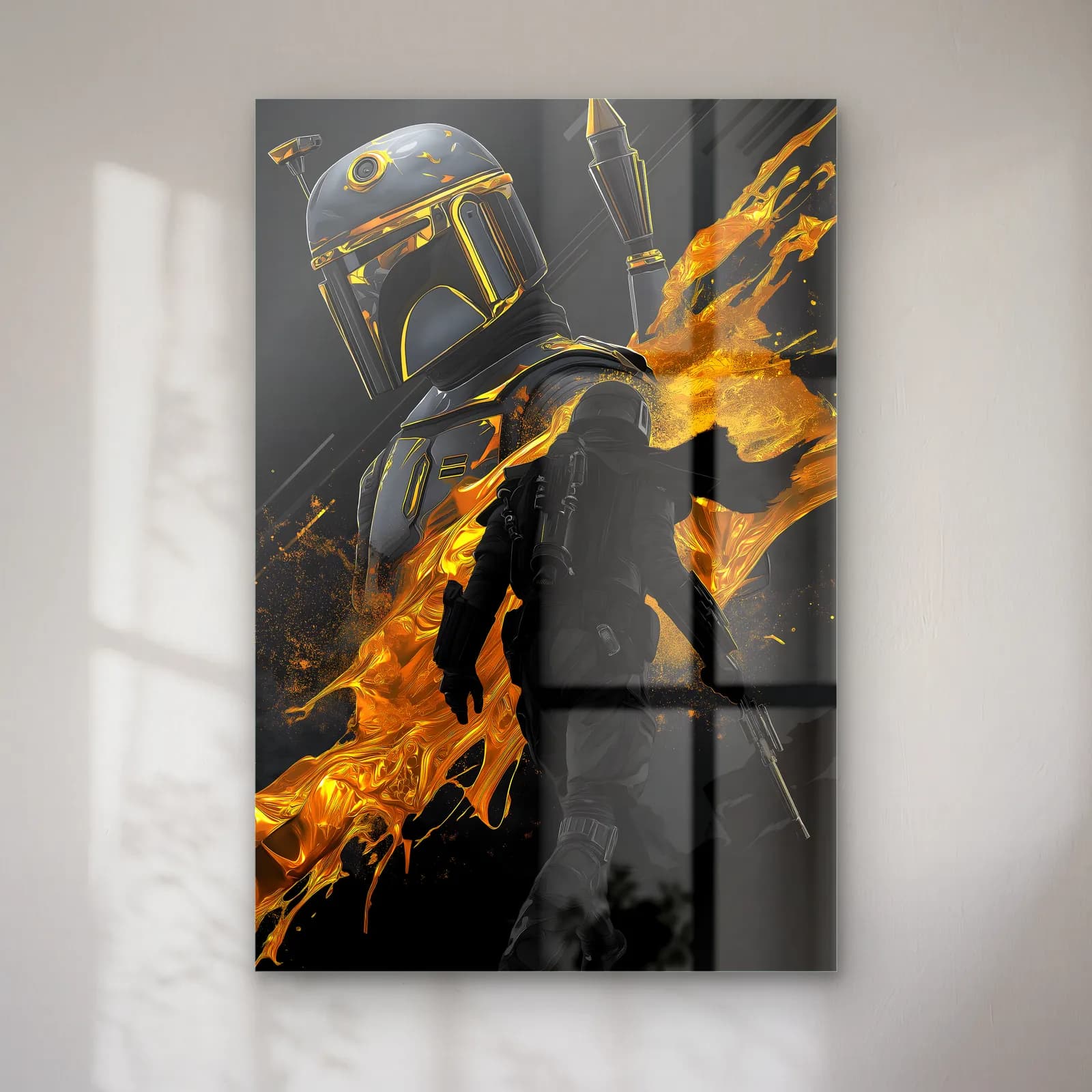 Boba Fett Altın Alevler cam tablo — Siyah zeminde altın turuncu alevlerle Boba Fett