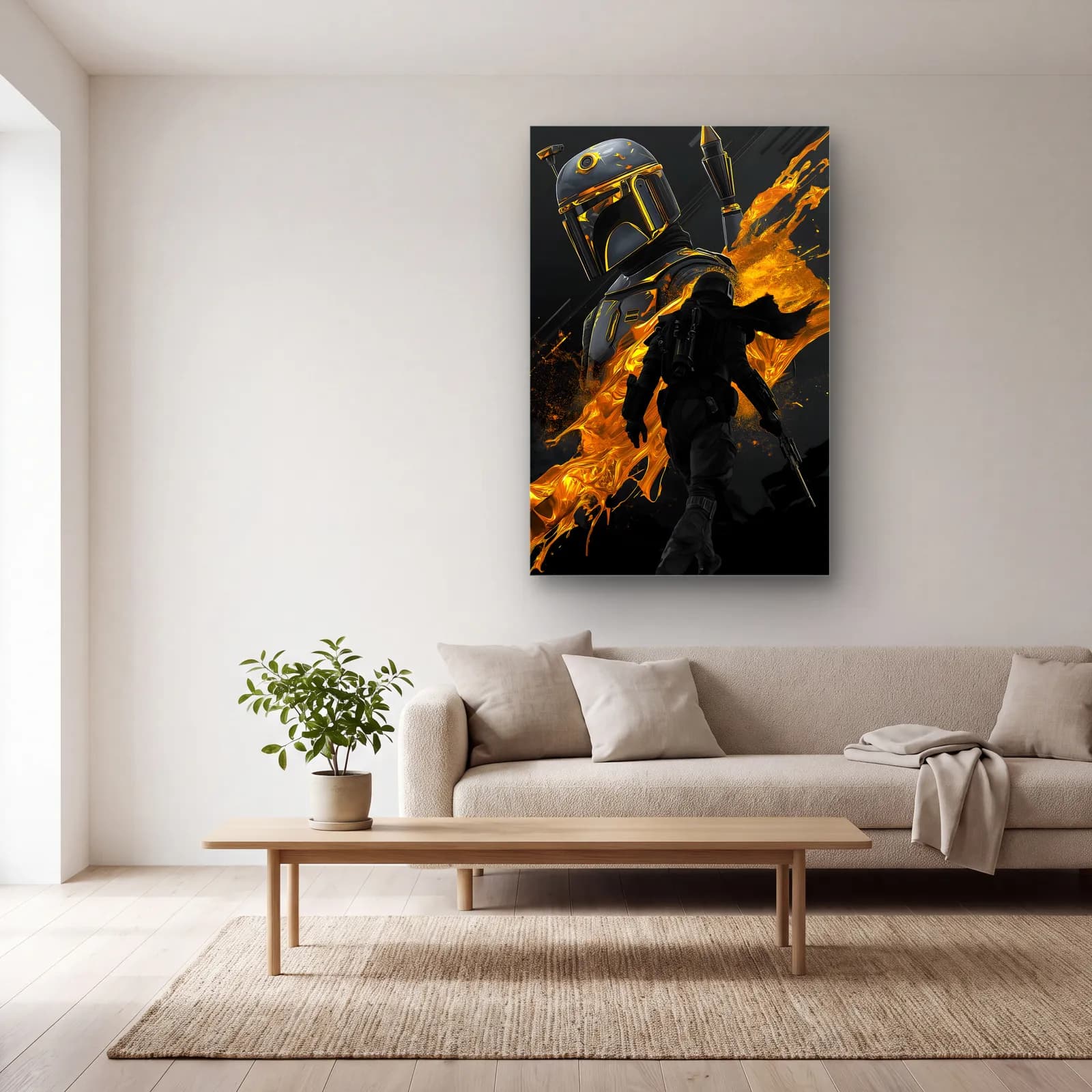 Boba Fett Altın Alevler cam tablo — açık renk salonda