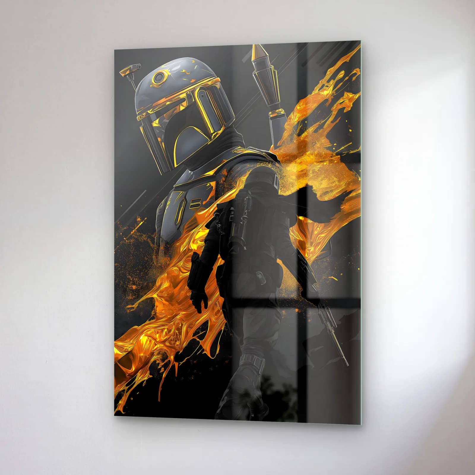 Boba Fett Altın Alevler cam tablo — sağ açıdan görünüm