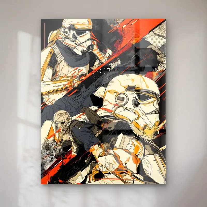 Stormtrooper Çizgi Roman Kolaj cam tablo — Çizgi roman tarzında turuncu vurgulu stormtrooper kolajı
