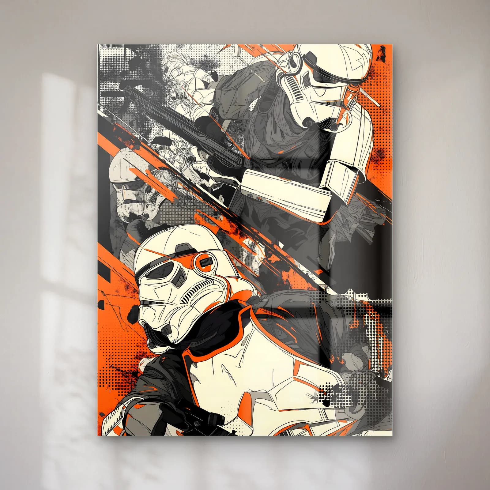 Stormtrooper Çizgi Roman Kaskı cam tablo — Turuncu vurgulu çizgi roman illüstrasyonunda stormtrooper kaskı
