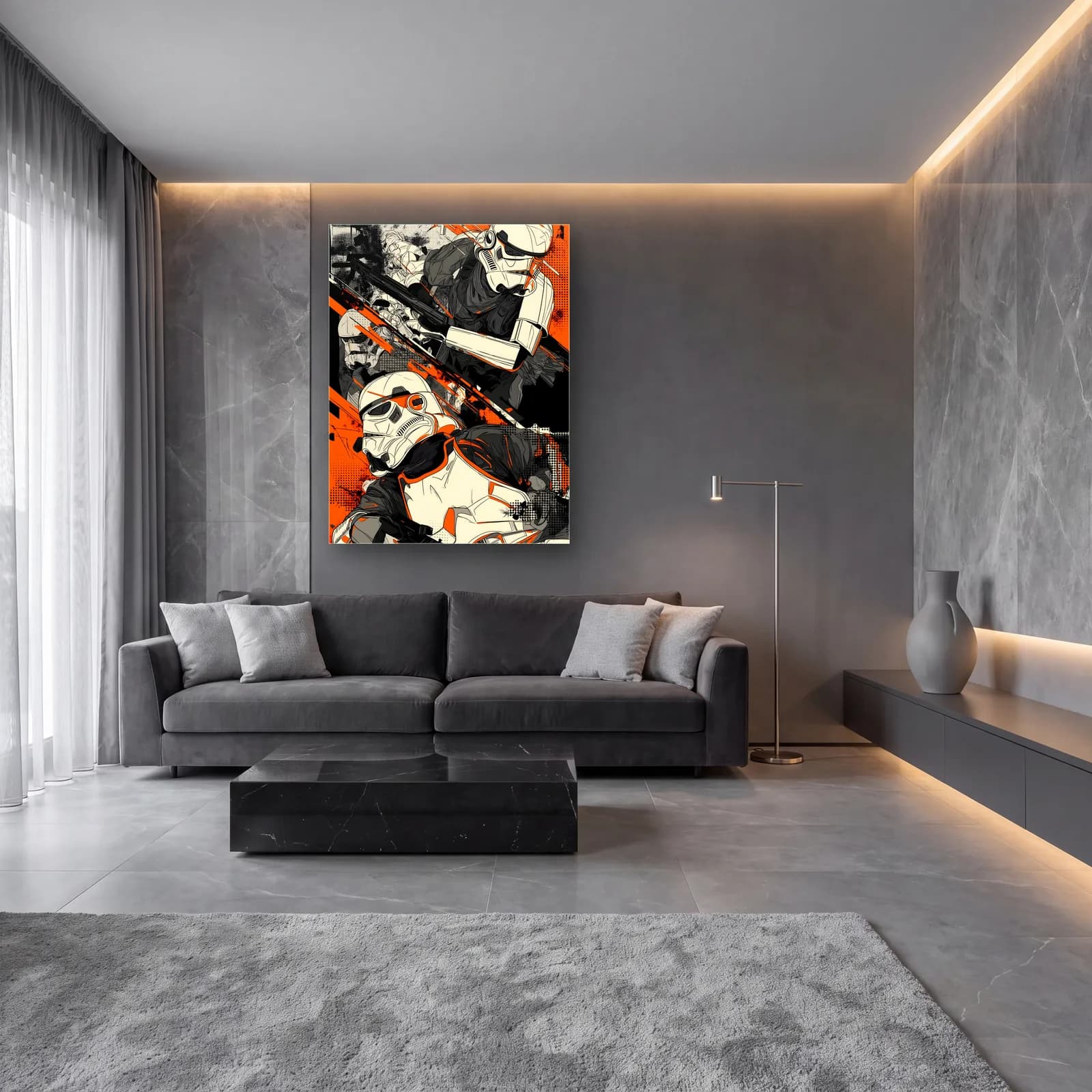 Stormtrooper Çizgi Roman Kaskı cam tablo — lüks salon duvarında