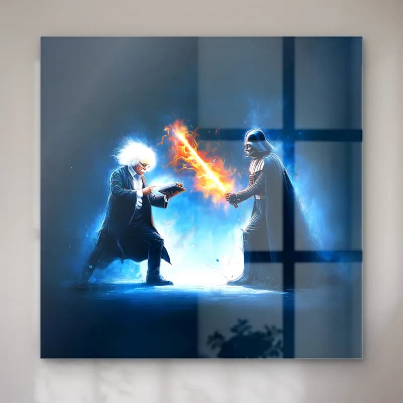 Einstein ve Darth Vader Düellosu cam tablo — Einstein ile Darth Vader arasında mavi ve ateşli ışın kılıcı düellosu