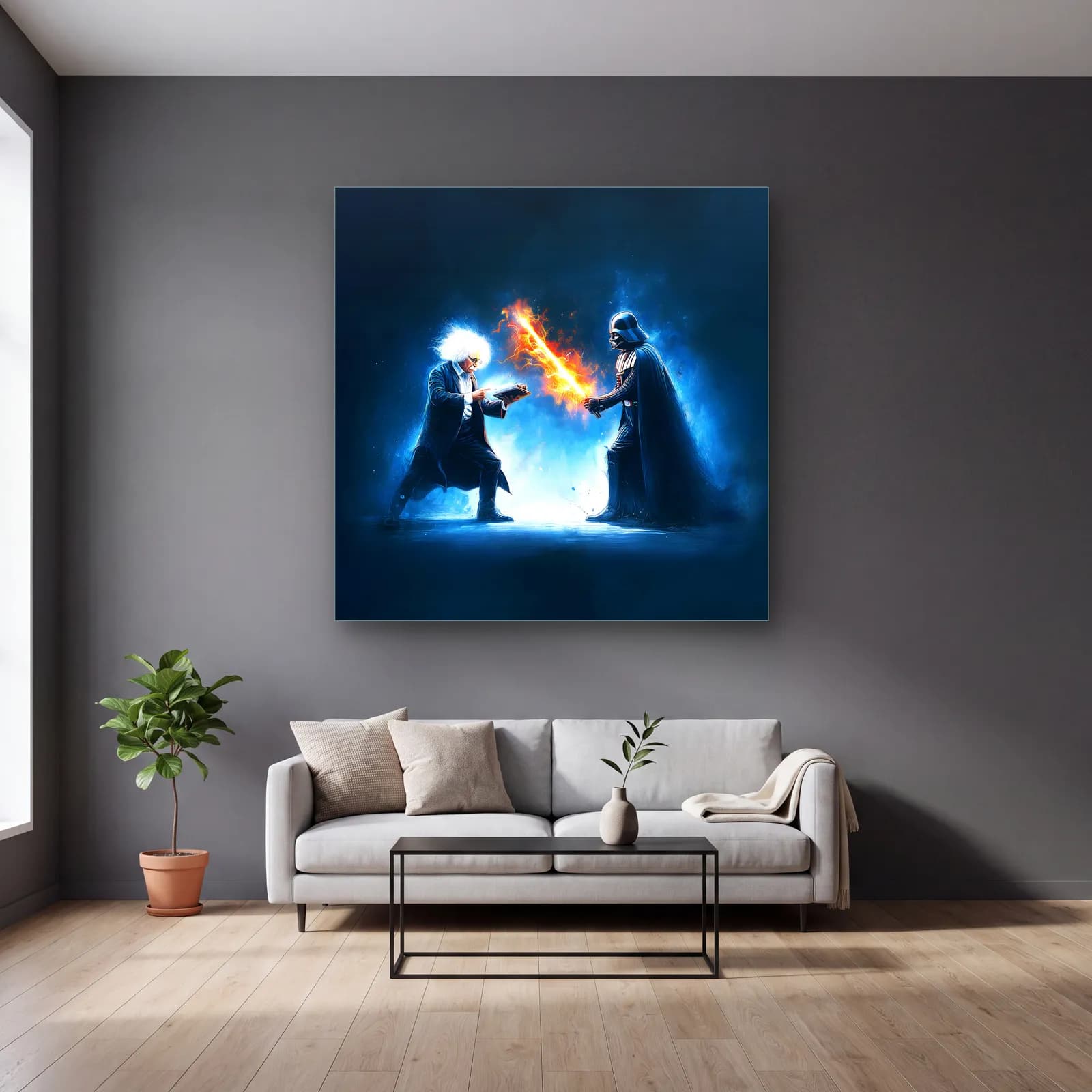 Einstein ve Darth Vader Düellosu cam tablo — gri duvarlı salonda