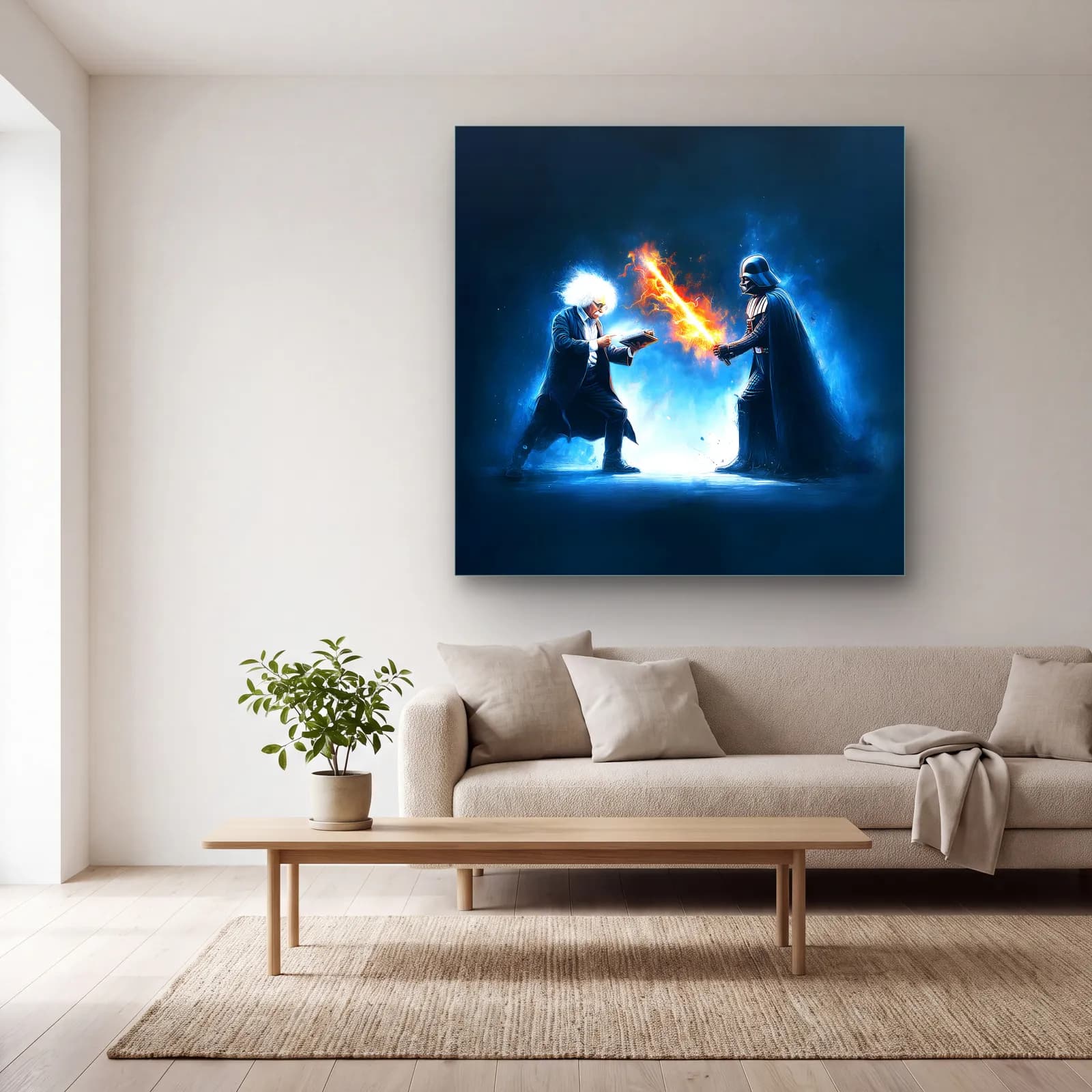 Einstein ve Darth Vader Düellosu cam tablo — açık renk salonda