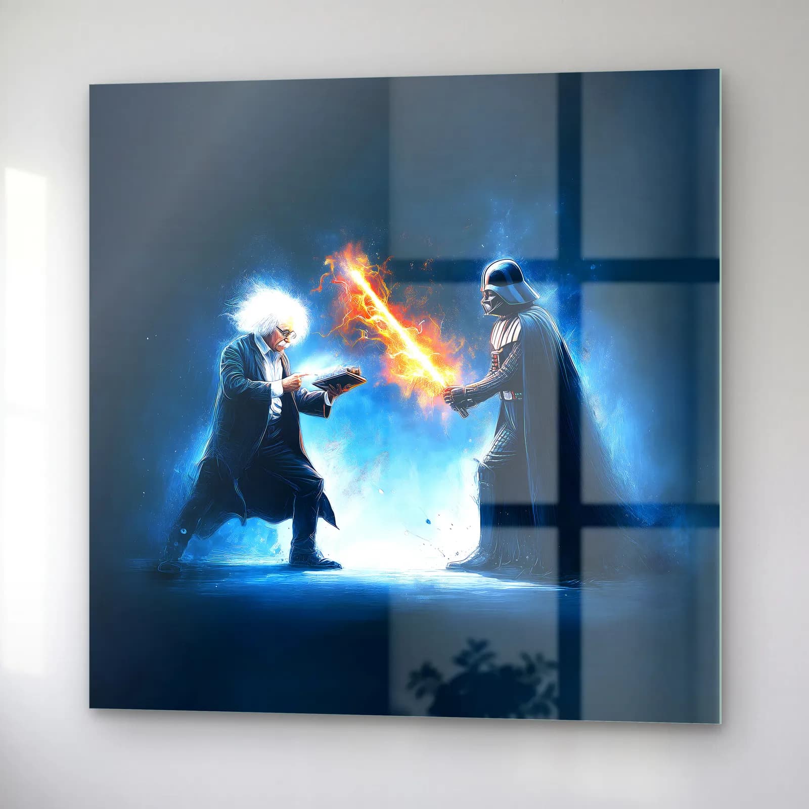 Einstein ve Darth Vader Düellosu cam tablo — sağ açıdan görünüm