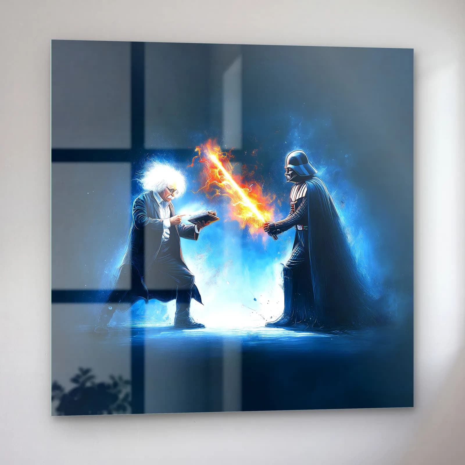 Einstein ve Darth Vader Düellosu cam tablo — sol açıdan görünüm