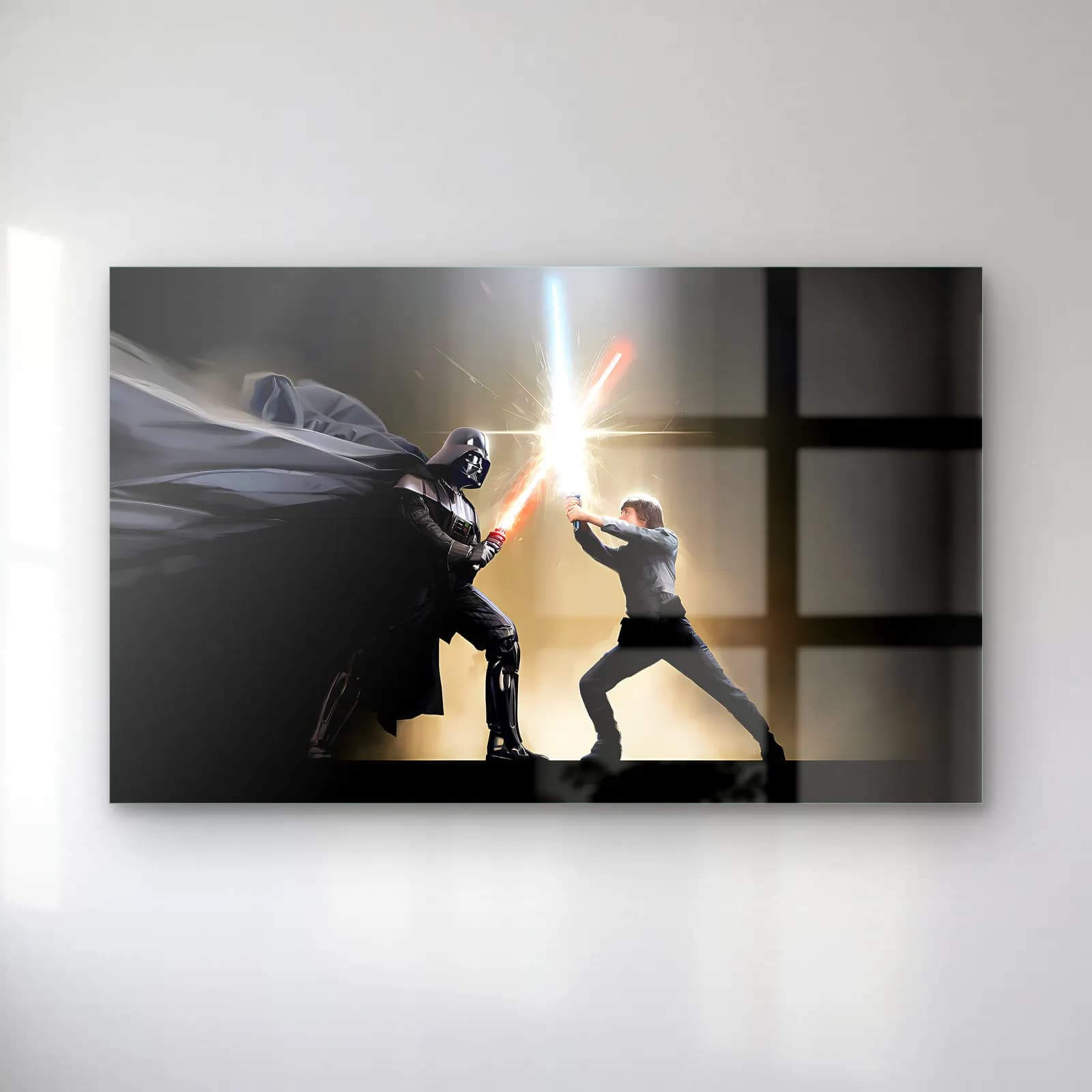 Darth Vader ve Luke Düellosu cam tablo — Arka ışıkta ışın kılıçlarıyla düello yapan Darth Vader ve Luke