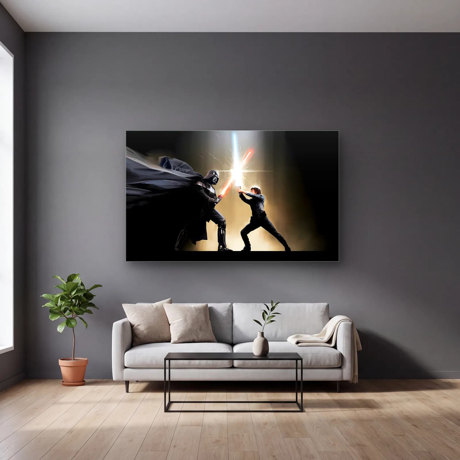Darth Vader ve Luke Düellosu cam tablo — gri duvarlı salonda
