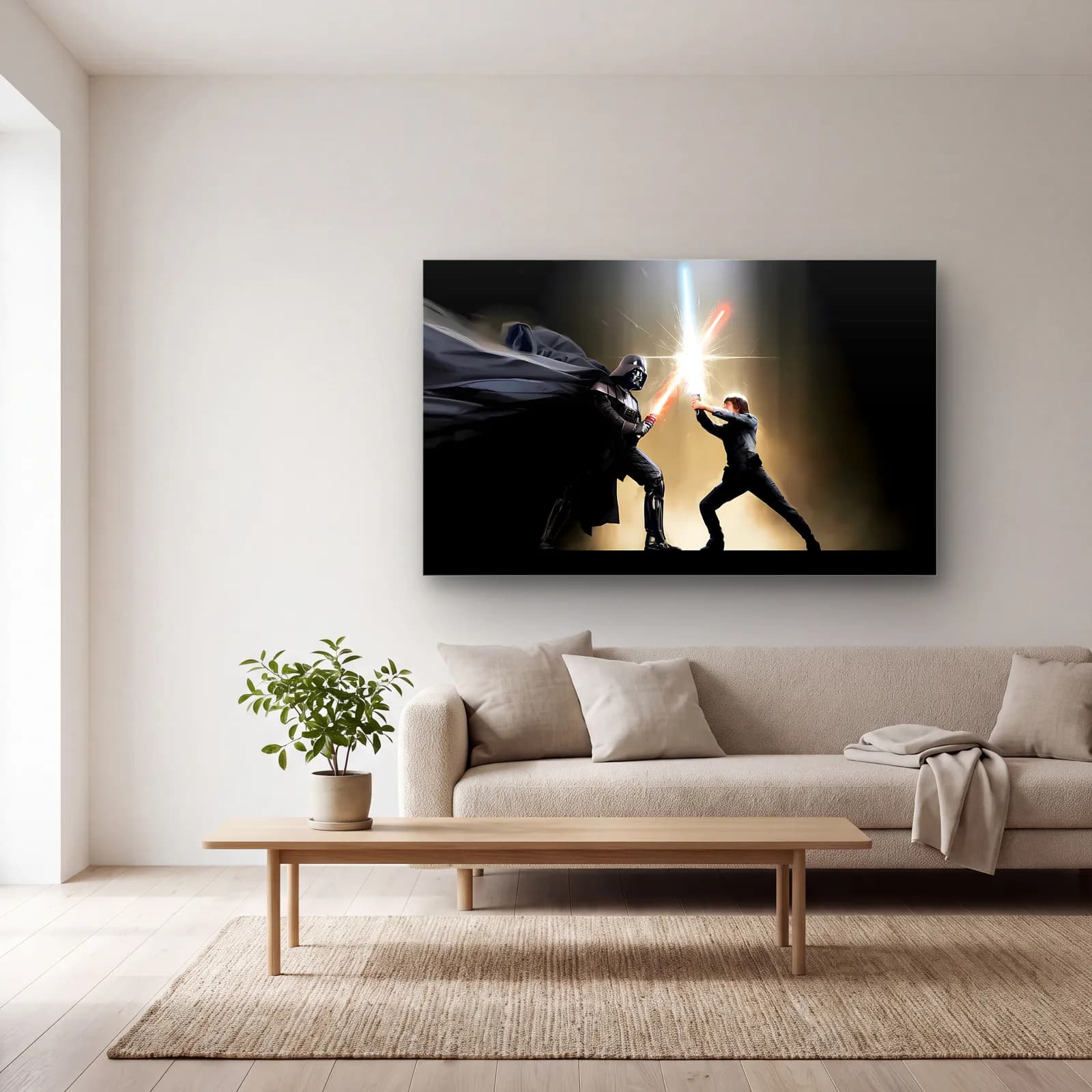 Darth Vader ve Luke Düellosu cam tablo — açık renk salonda