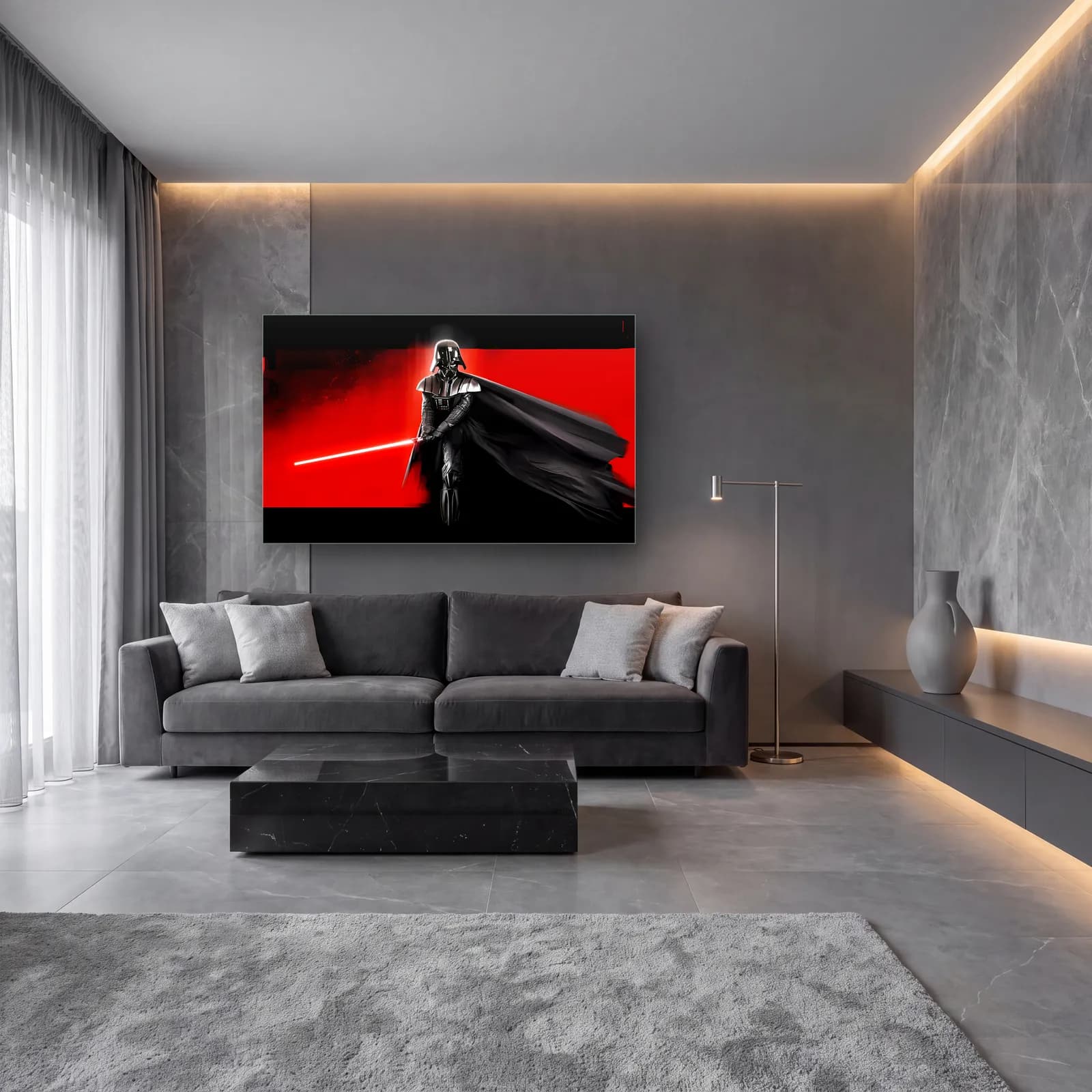 Darth Vader Kırmızı Işın Kılıcı cam tablo — lüks salon duvarında