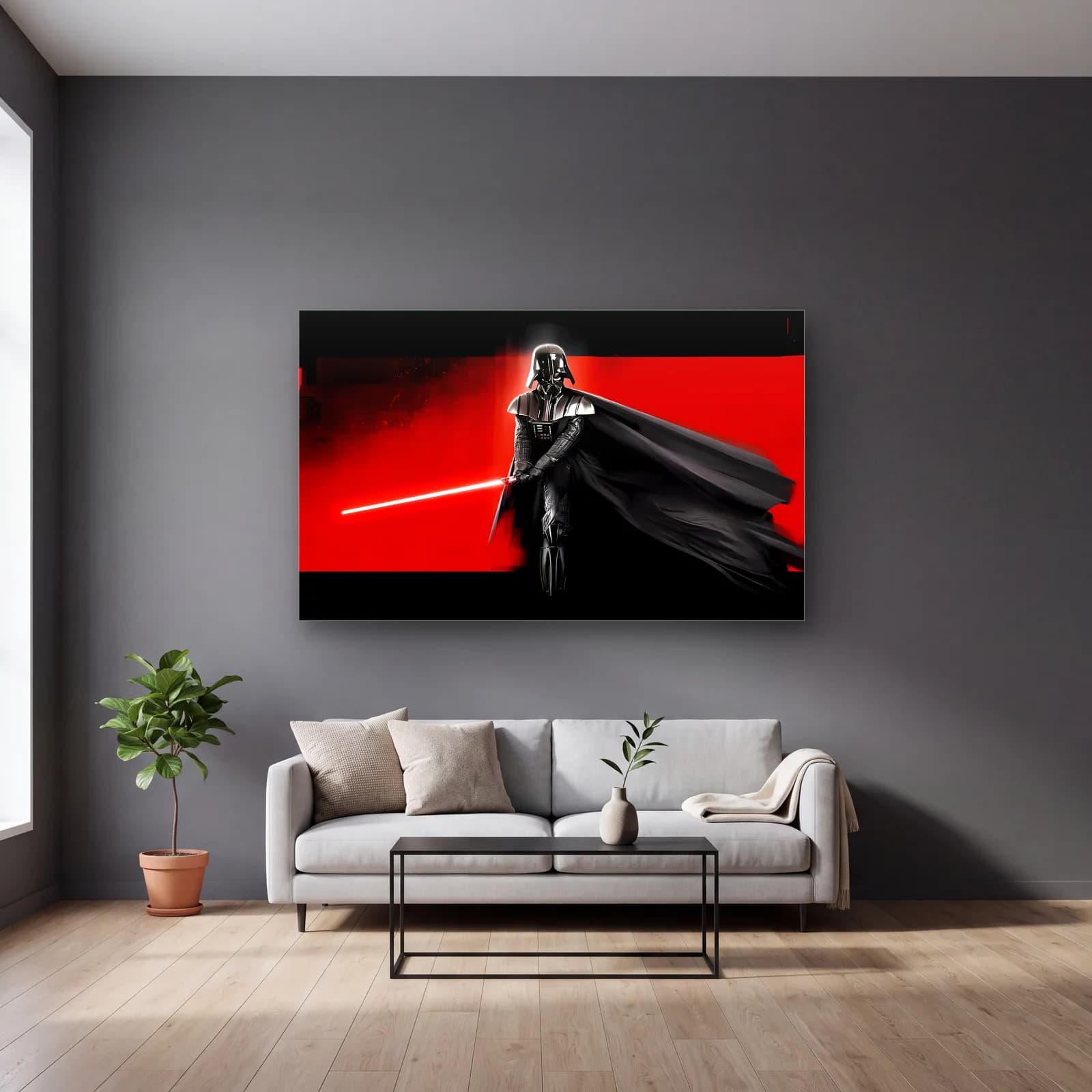 Darth Vader Kırmızı Işın Kılıcı cam tablo — gri duvarlı salonda