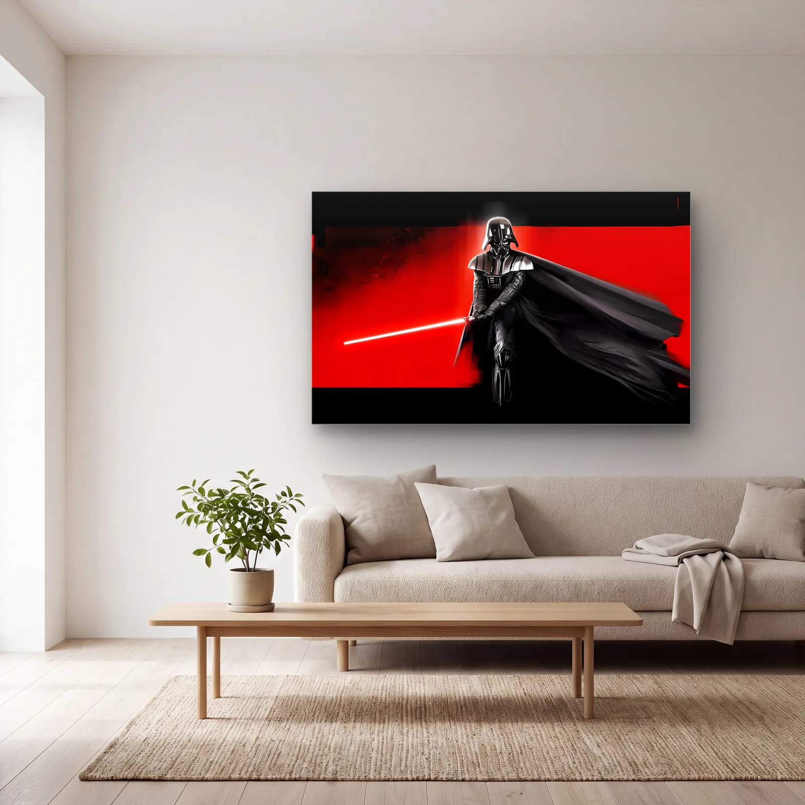 Darth Vader Kırmızı Işın Kılıcı cam tablo — açık renk salonda