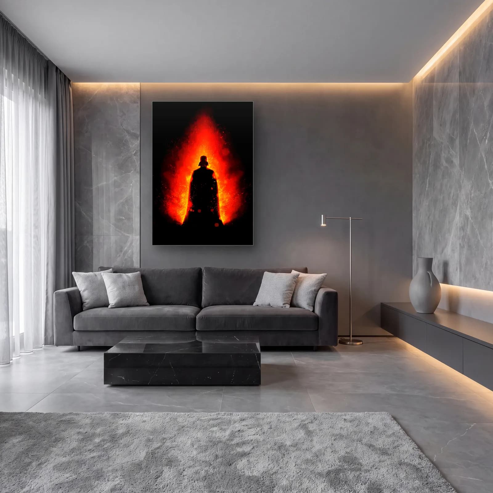 Darth Vader Alev Silüeti Dikey cam tablo — lüks salon duvarında