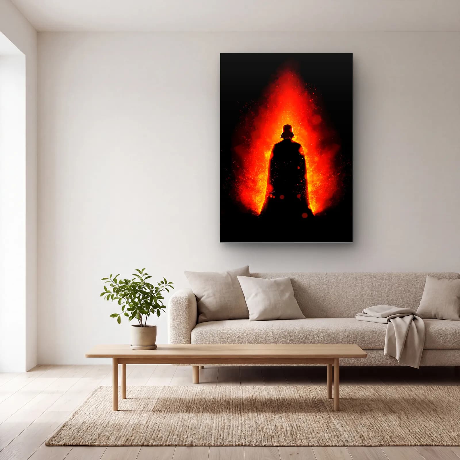 Darth Vader Alev Silüeti Dikey cam tablo — açık renk salonda