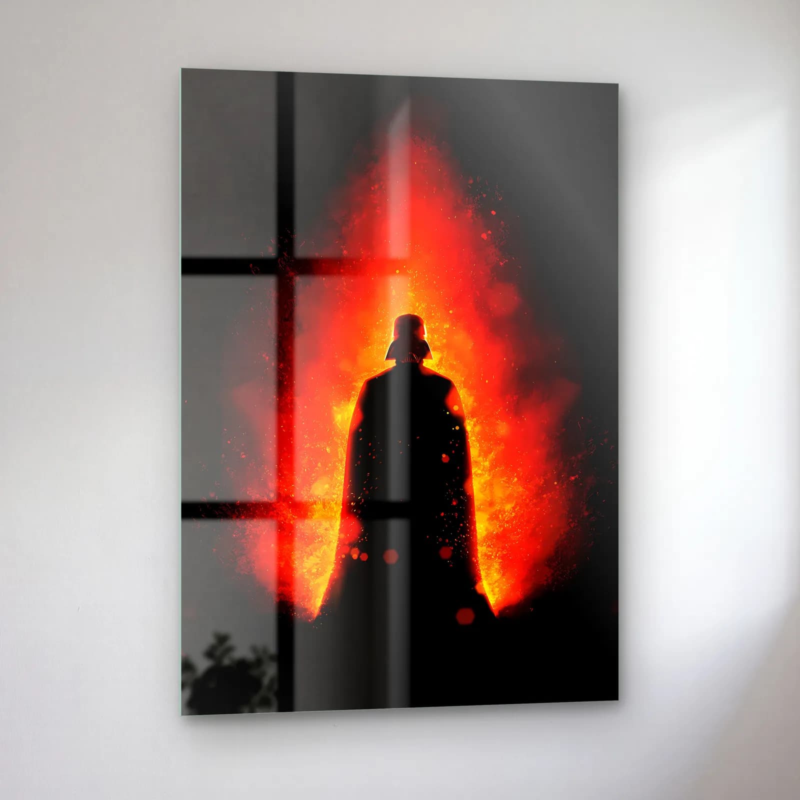 Darth Vader Alev Silüeti Dikey cam tablo — sol açıdan görünüm