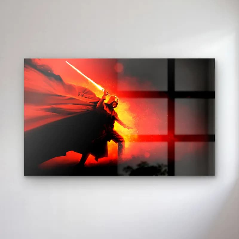 Darth Vader Ateşli Saldırı cam tablo — Alev tonlarında kırmızı ışın kılıcını kaldıran Darth Vader