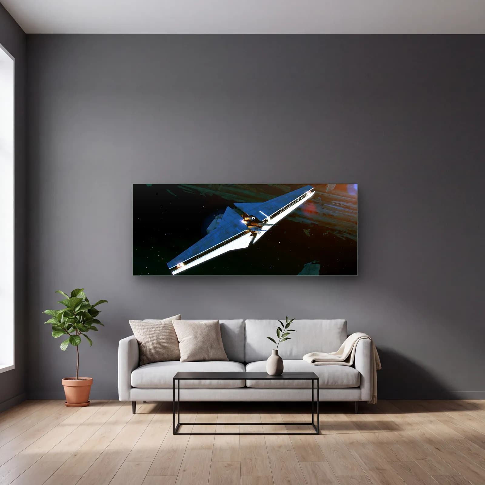 Star Wars Uzay Gemisi Panoramik cam tablo — gri duvarlı salonda