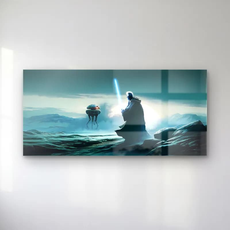 Jedi ve Probe Droid Panoramik cam tablo — Sisli manzarada ışın kılıcıyla keşif droidine bakan Jedi
