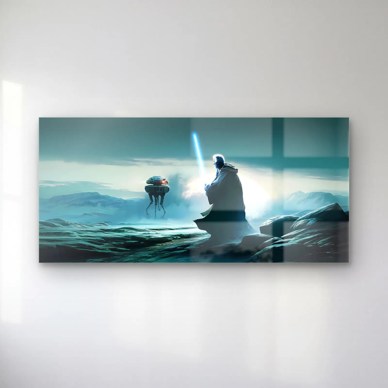 Jedi ve Probe Droid Panoramik cam tablo — Sisli manzarada ışın kılıcıyla keşif droidine bakan Jedi