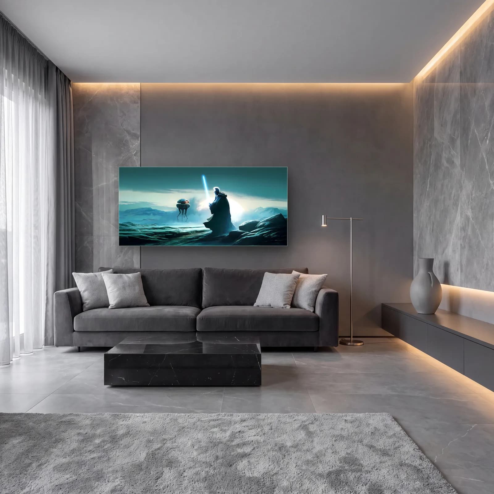 Jedi ve Probe Droid Panoramik cam tablo — lüks salon duvarında