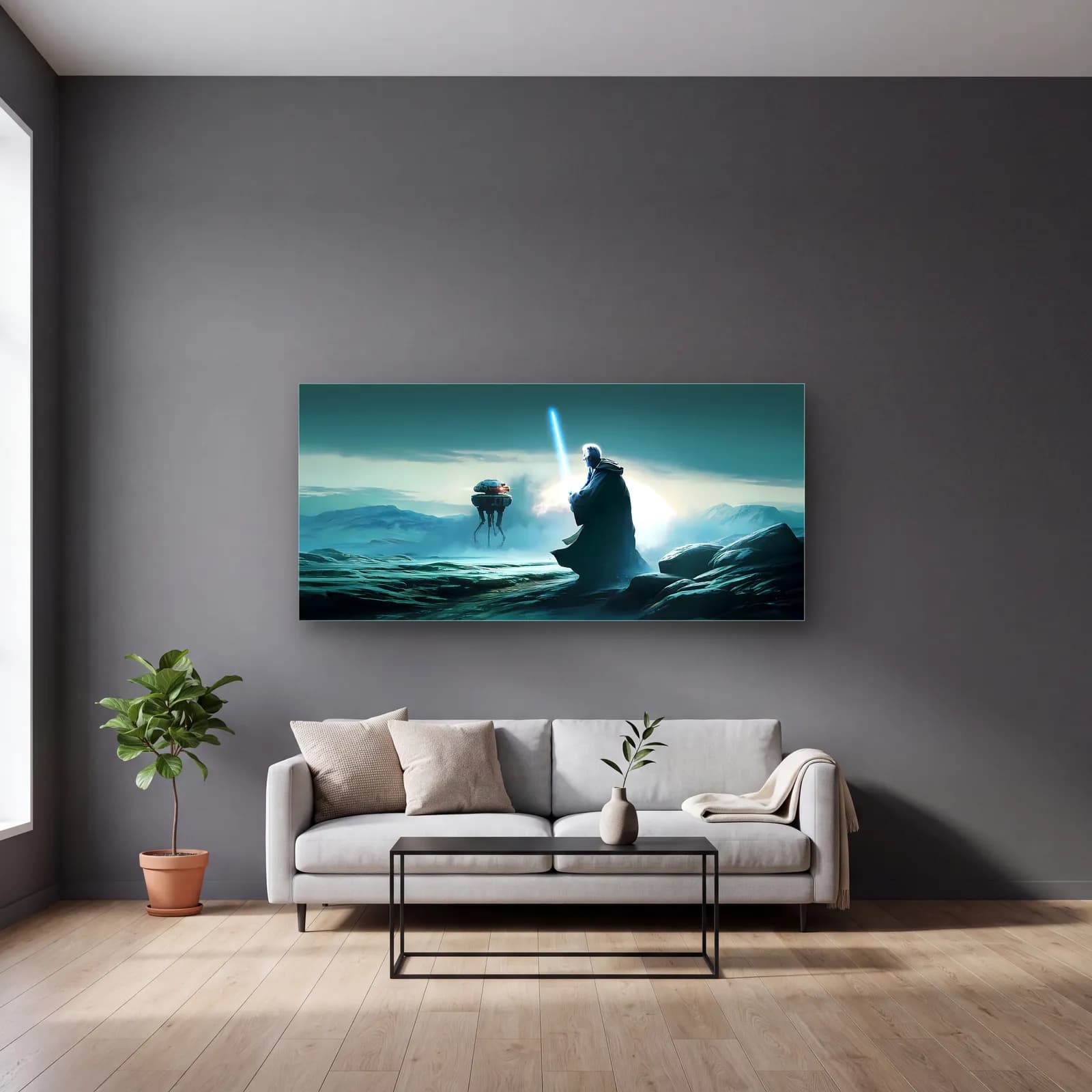 Jedi ve Probe Droid Panoramik cam tablo — gri duvarlı salonda