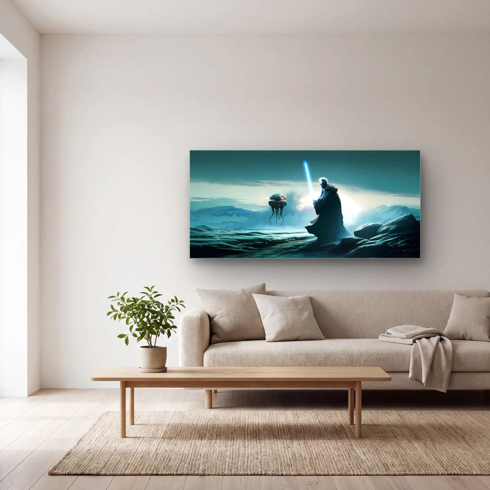 Jedi ve Probe Droid Panoramik cam tablo — açık renk salonda