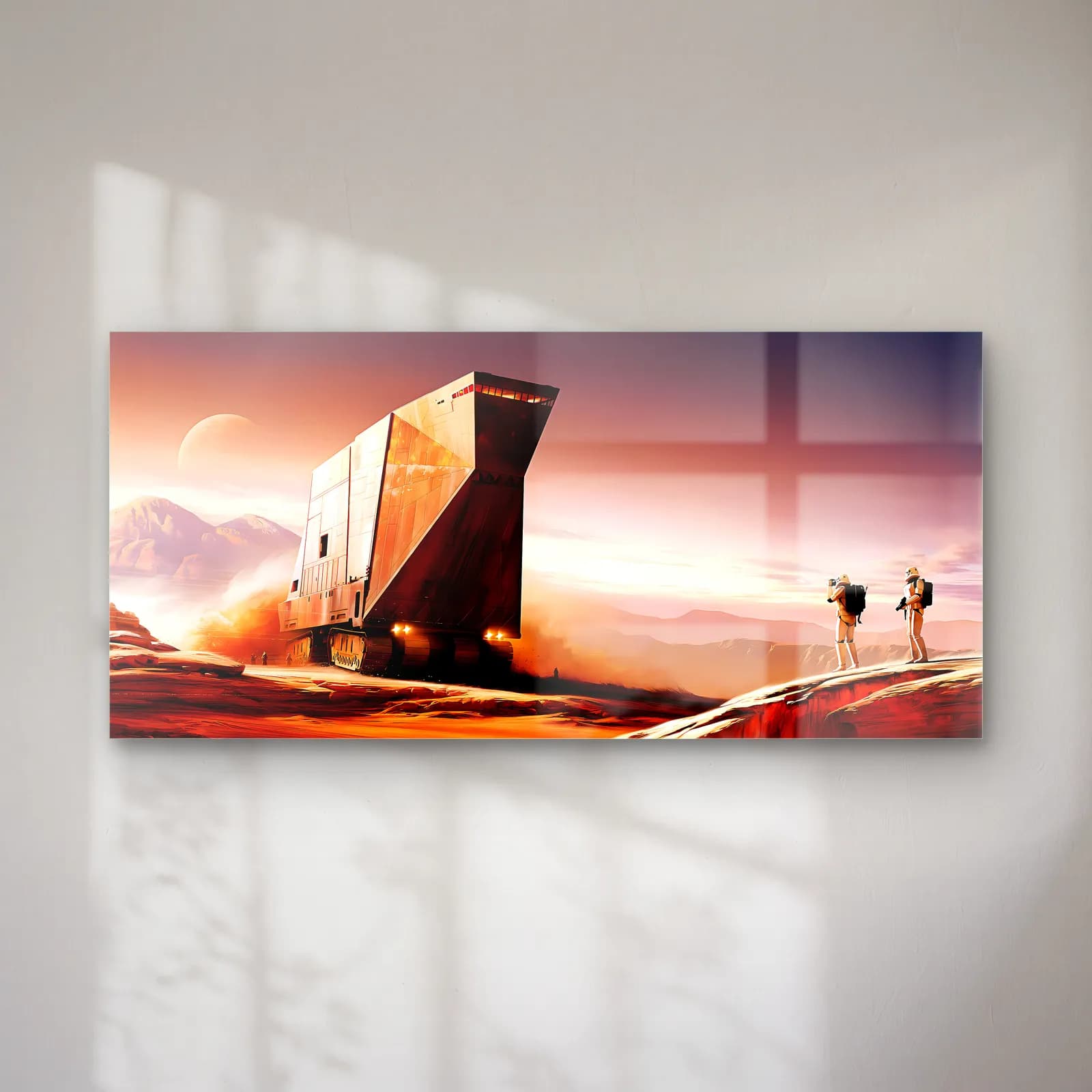 Sandcrawler Çöl Gün Batımı cam tablo — Turuncu gün batımında çölde Sandcrawler aracı ve askerler