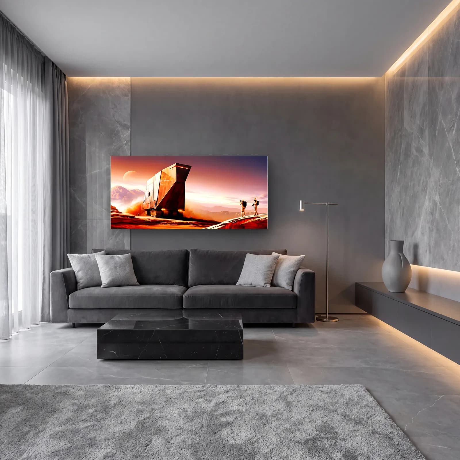 Sandcrawler Çöl Gün Batımı cam tablo — lüks salon duvarında